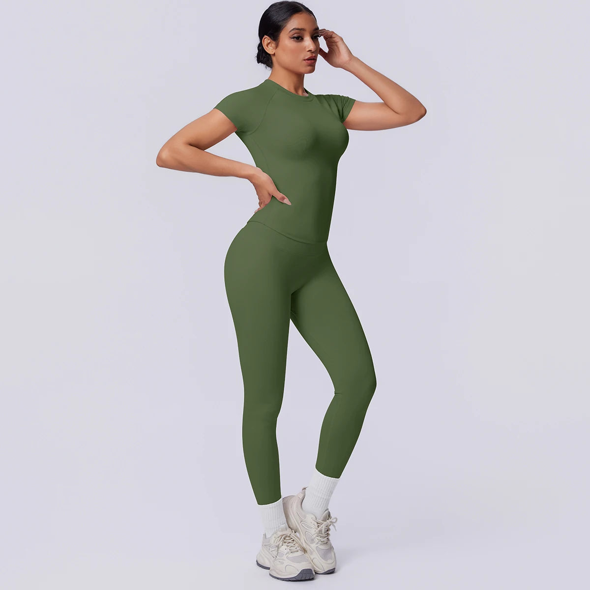 Rooftrellen New 2PCS/set Yoga Set Summer Quick Drying Fitness Sports Workout Top T-Shirt High Stretch Seamless Yoga Leggings Set