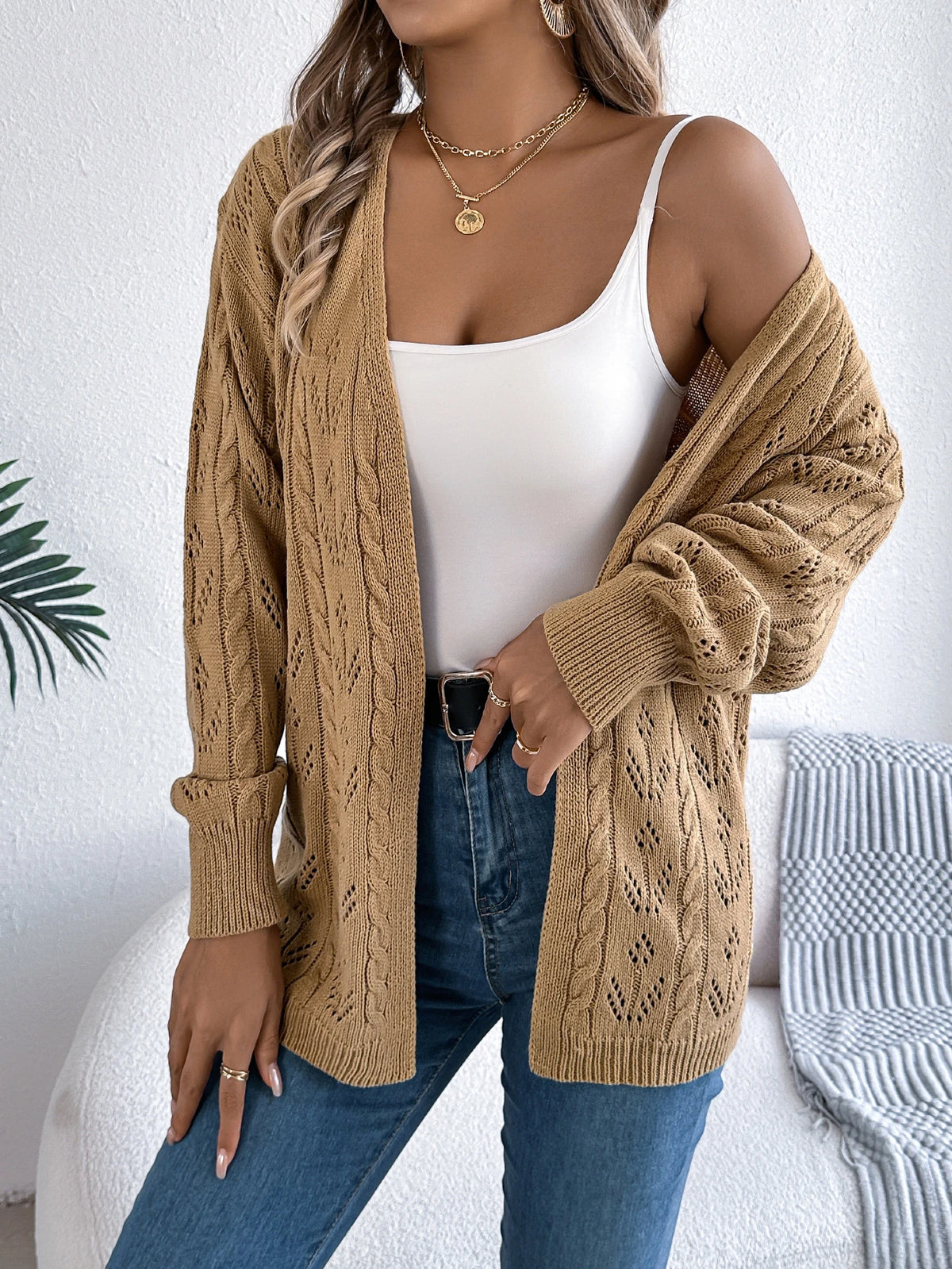 Women's Solid Color Hollow Out Knitted Cardigan Sweaters 2026 Autumn Winter Casual Lantern Long Sleeve Coats White Black Khaki