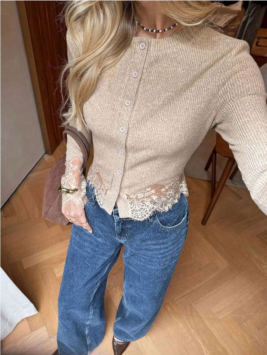 Women's Lace Patchwork Knitted Cardigan Casual O-Neck Hollow Out Long Sleeve Slim Fit Sweaters New Female Spring Autumn Knitwear