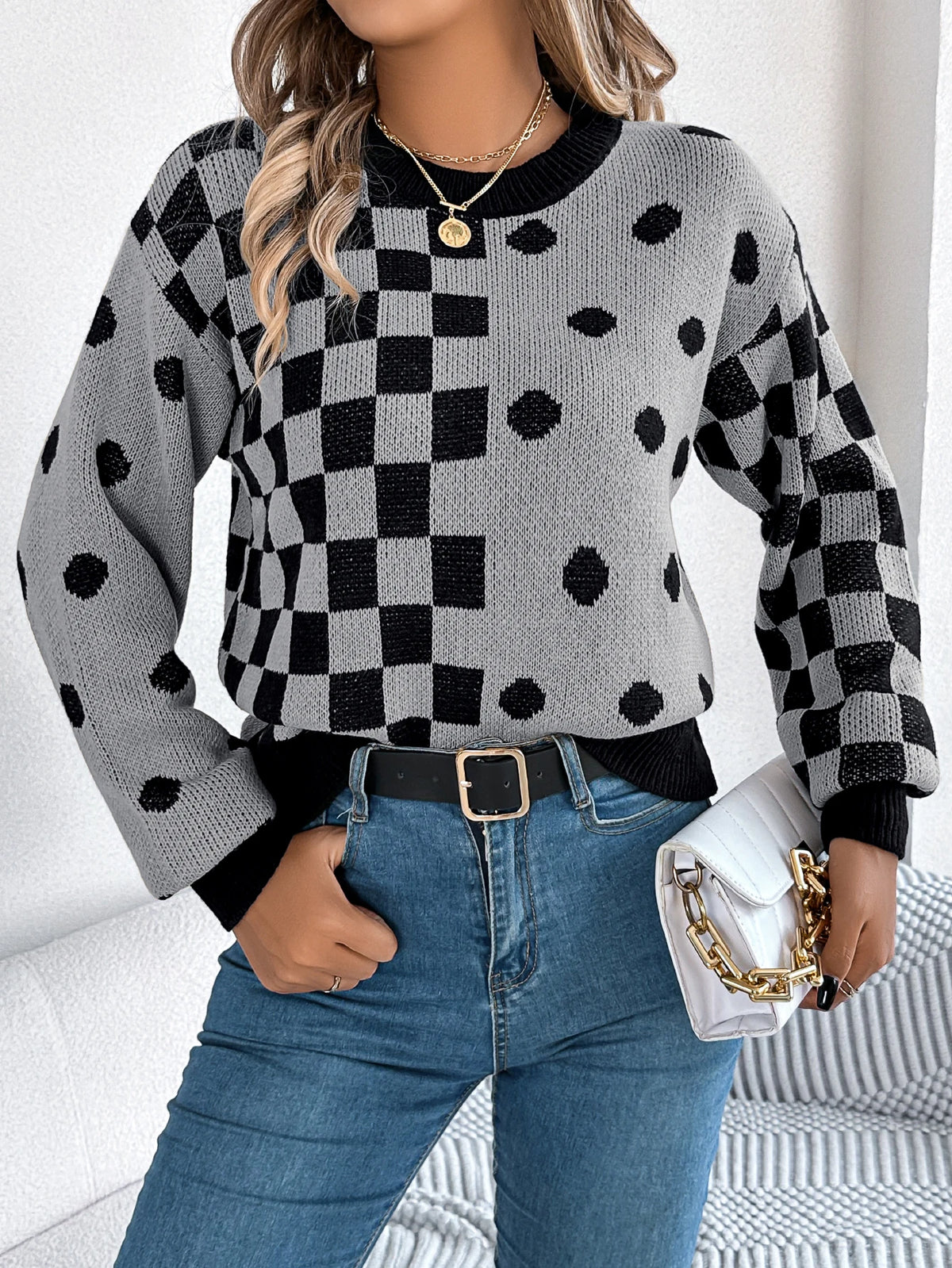  Autumn Winter Casual Contrasting Grid Dot Long Sleeve Knitted Pullover Fashion New Year and Christmas Sweater Women Clothes