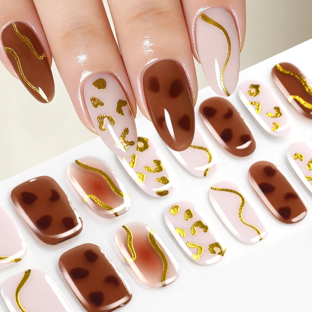 16Tips Gradient Semi Cured Gel Nail Strips Blush Flower Design Full Wrap Nail Decals French Gold Lines Gel Nail Polish Sticker