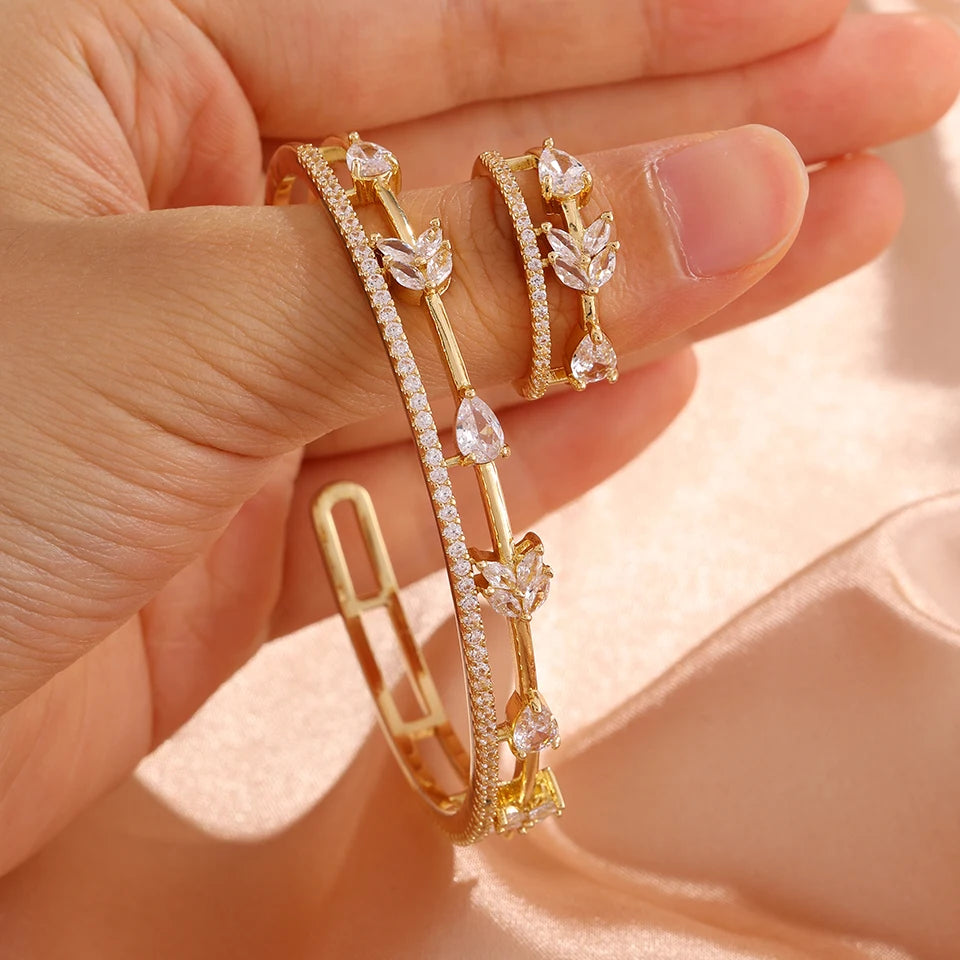 ZAKOL Women Fashion CZ Flower Leaf Open Cuff Bracelet Ring Set Cubic Zirconia Adjustable Bangle Ring Wedding Party Jewelry Set