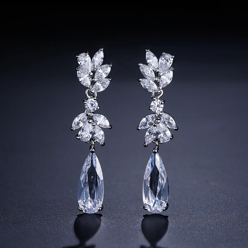 ZAKOL White Zircon Leaf Dangle Earrings for Women Shinny Water Drop Crystal Flower Pendant Earring Bridal Wedding Jewelry