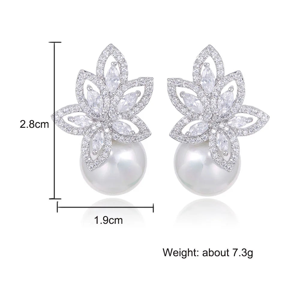 ZAKOL Temperament Imitation Pearl Flower Stud Earrings Elegant Leaf Marquise Zirconia Wedding Party Jewelry for Women