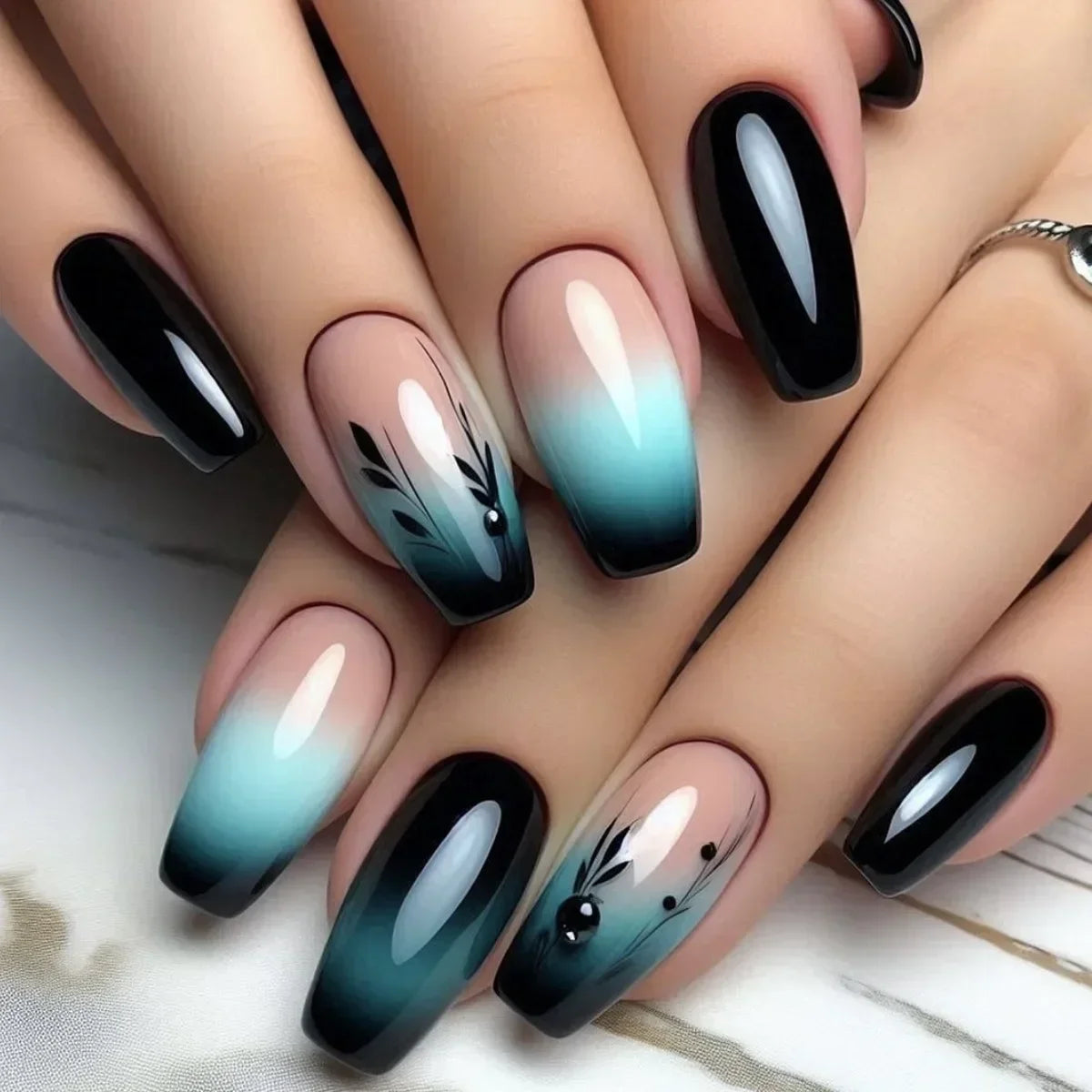 24Pcs Ladder-shaped Ballet False Nails with Glue Stripe Floral Nail Art Ombre French Press on Acrylic Nail Tips for Spice Girls