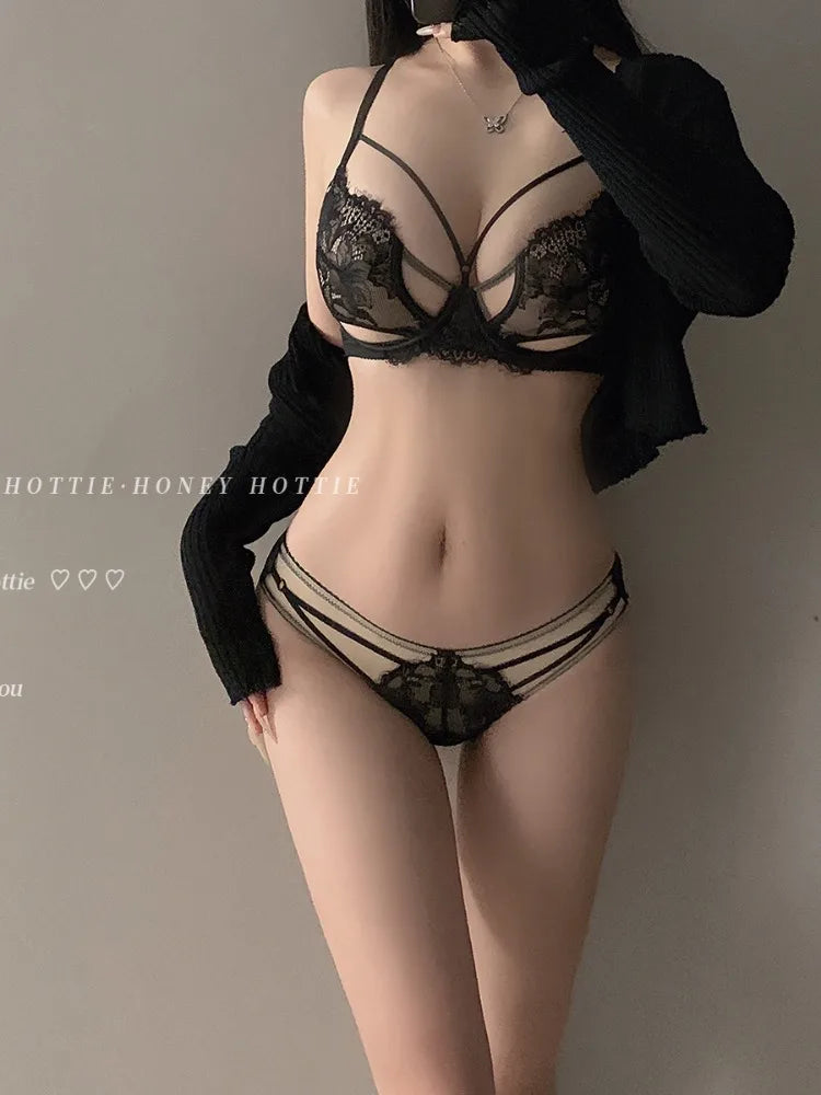 32-38 AB Sensual French Sheer Push Up Bra Large Bust See Through Lace Lingerie Set, Slimming Support Bra Comfort Wireless MOYISU