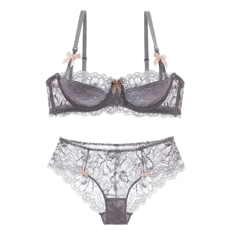 MOYISU 1/2 Ear AB Cup Pure Desire Girl Bra Set | Pull-up Bra Set With Bow Breathable French Lace Bra | Anti-Slip Cup Date Night