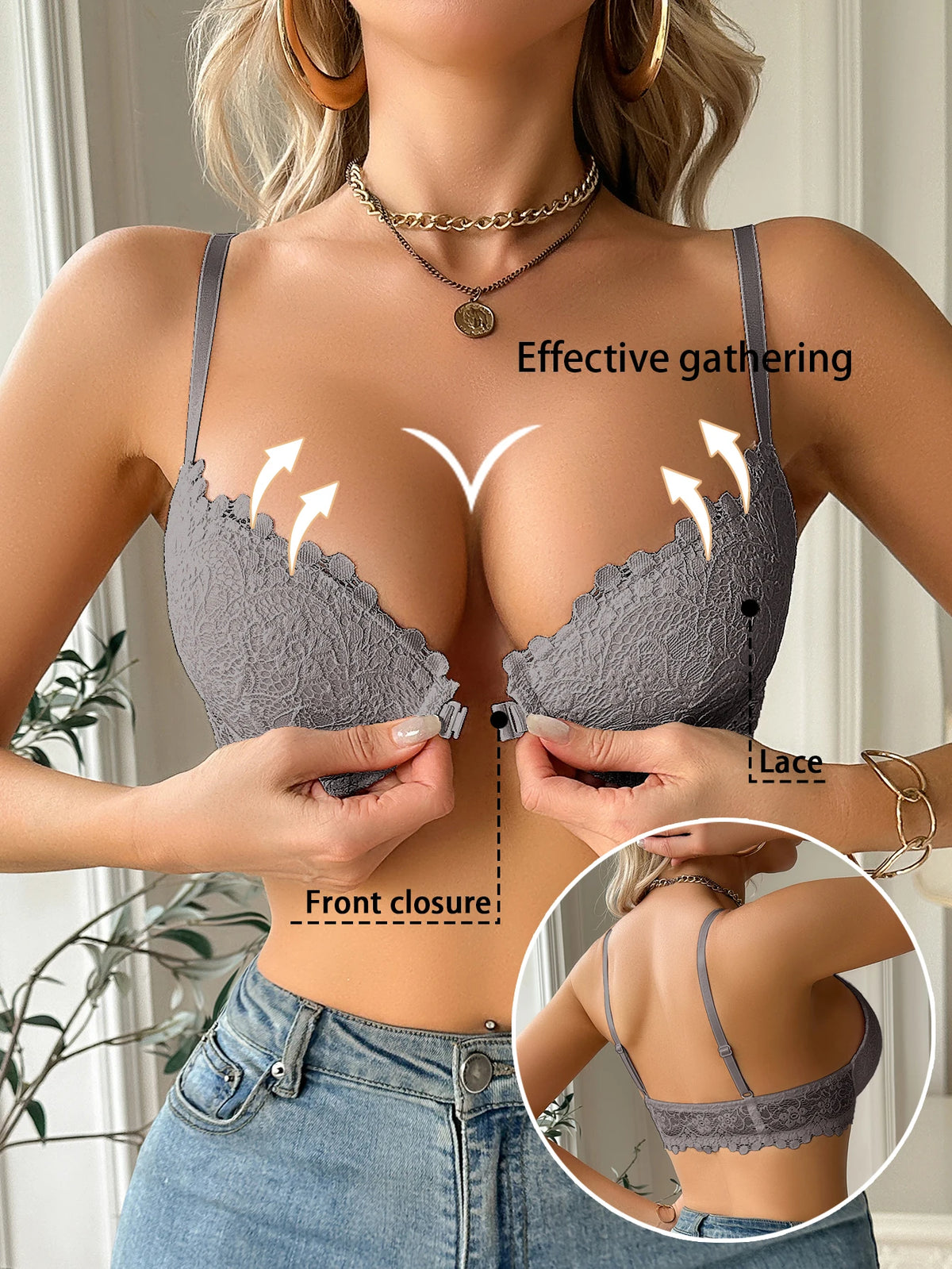 Modern Women's Lace Bra, Sexy Front-Clasp Push-Up Bra, Non-Padded, Breathable, Comfortable, Elegant, Sexy Lingerie Top