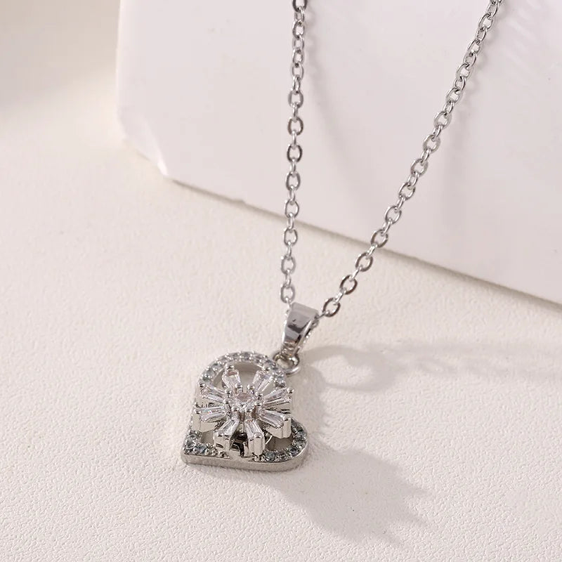 Trendy Rotation Spin Sunflower Stainless Steel Zircon Necklaces For Women Metal Crystal Necklace Party Birthday Gifts Jewelry