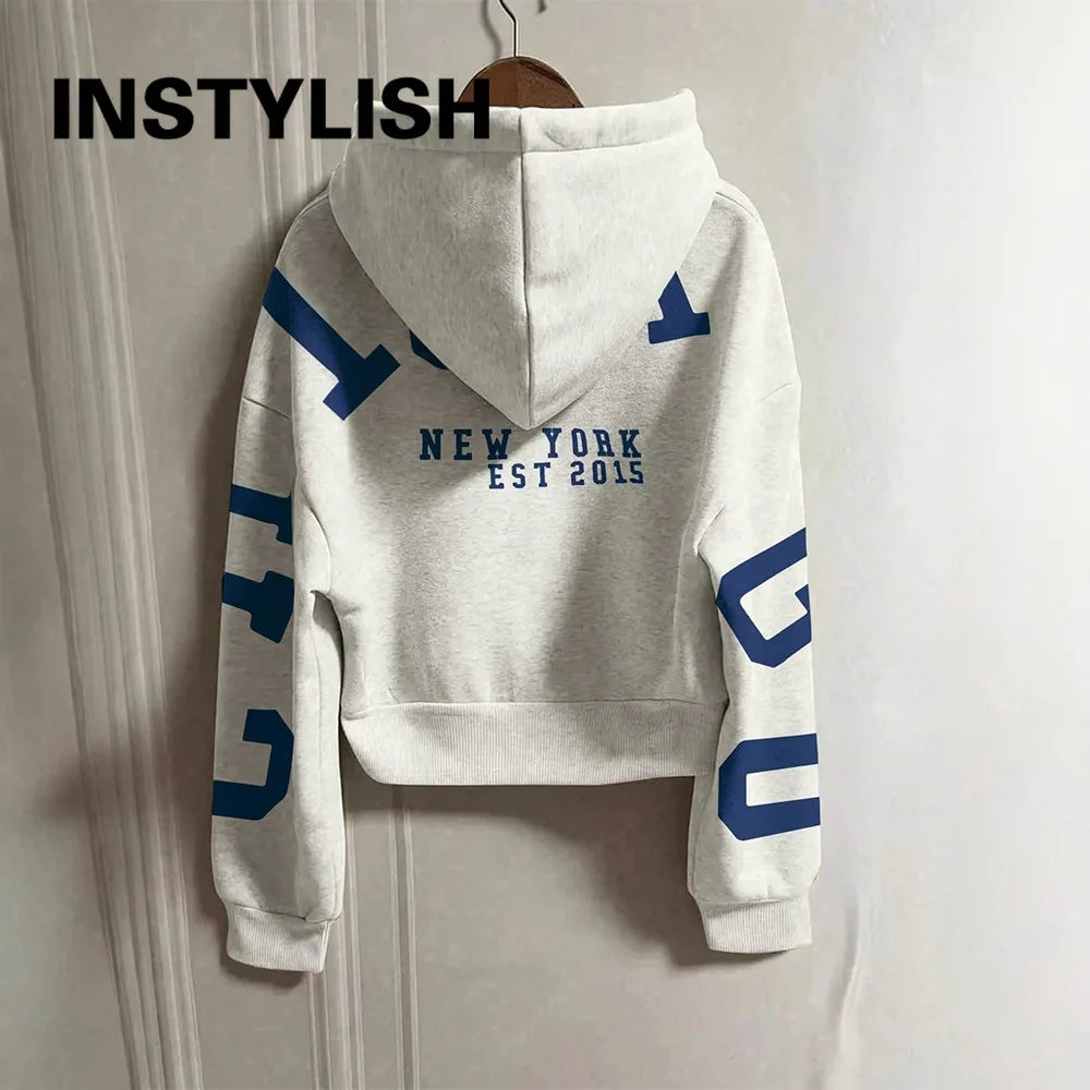 Women Y2K Crop Zip Up Hoodie Letter Print Oversized Long Sleeve Hooded Sweatshirt Casual Streetwear Short Jacket Outerwear