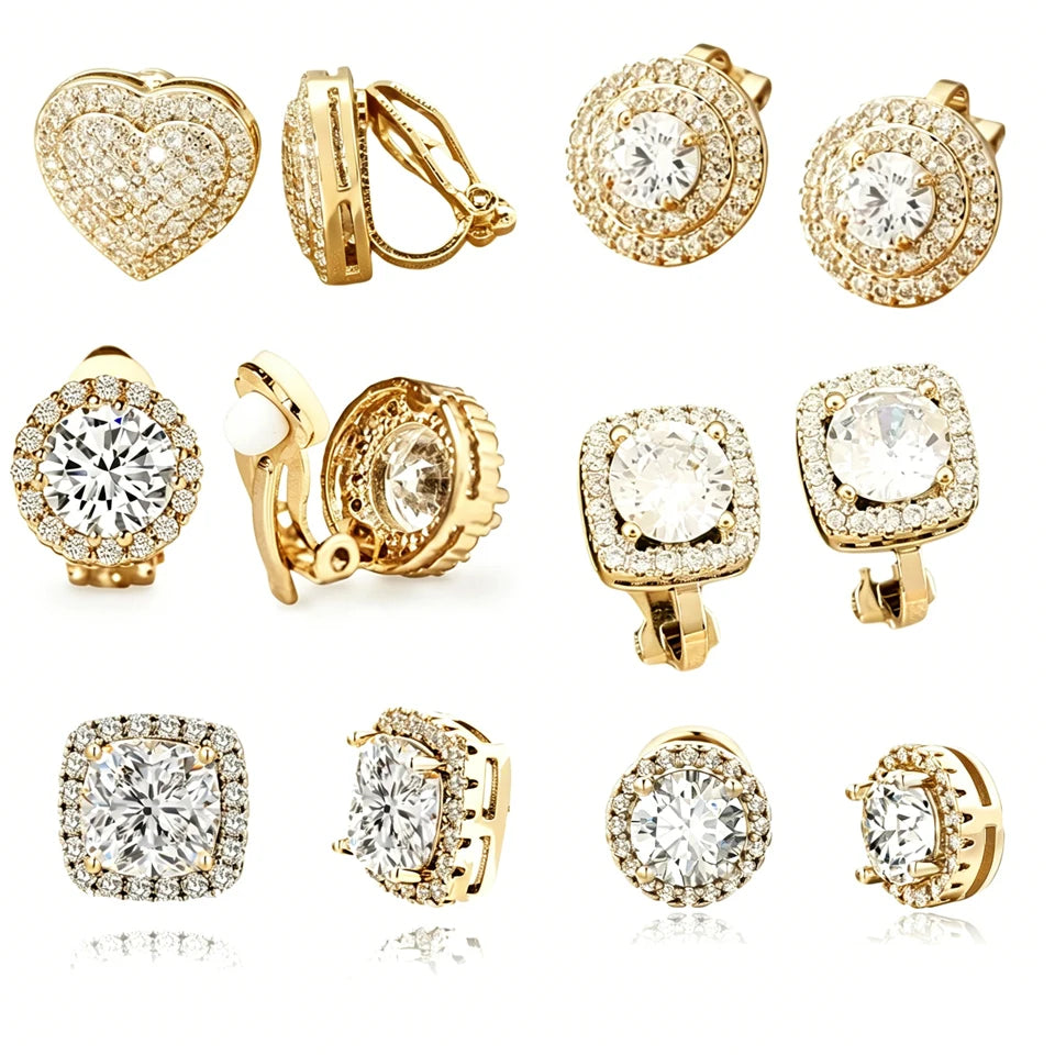 ZAKOL 6 Styles Sliver/Gold Color Shiny Cubic Zirconia Copper Ear Clips Geometric Square Heart Round CZ Stud Ear Accessories