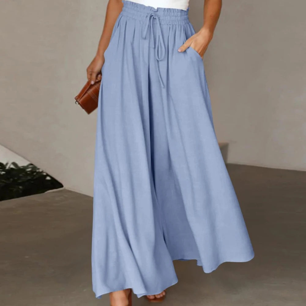 Women Casual Elastic Waist Wide Leg Pants Summer Elegant Drawstring Loose Straight Trouser Elegant Solid Pants Vacation Beach