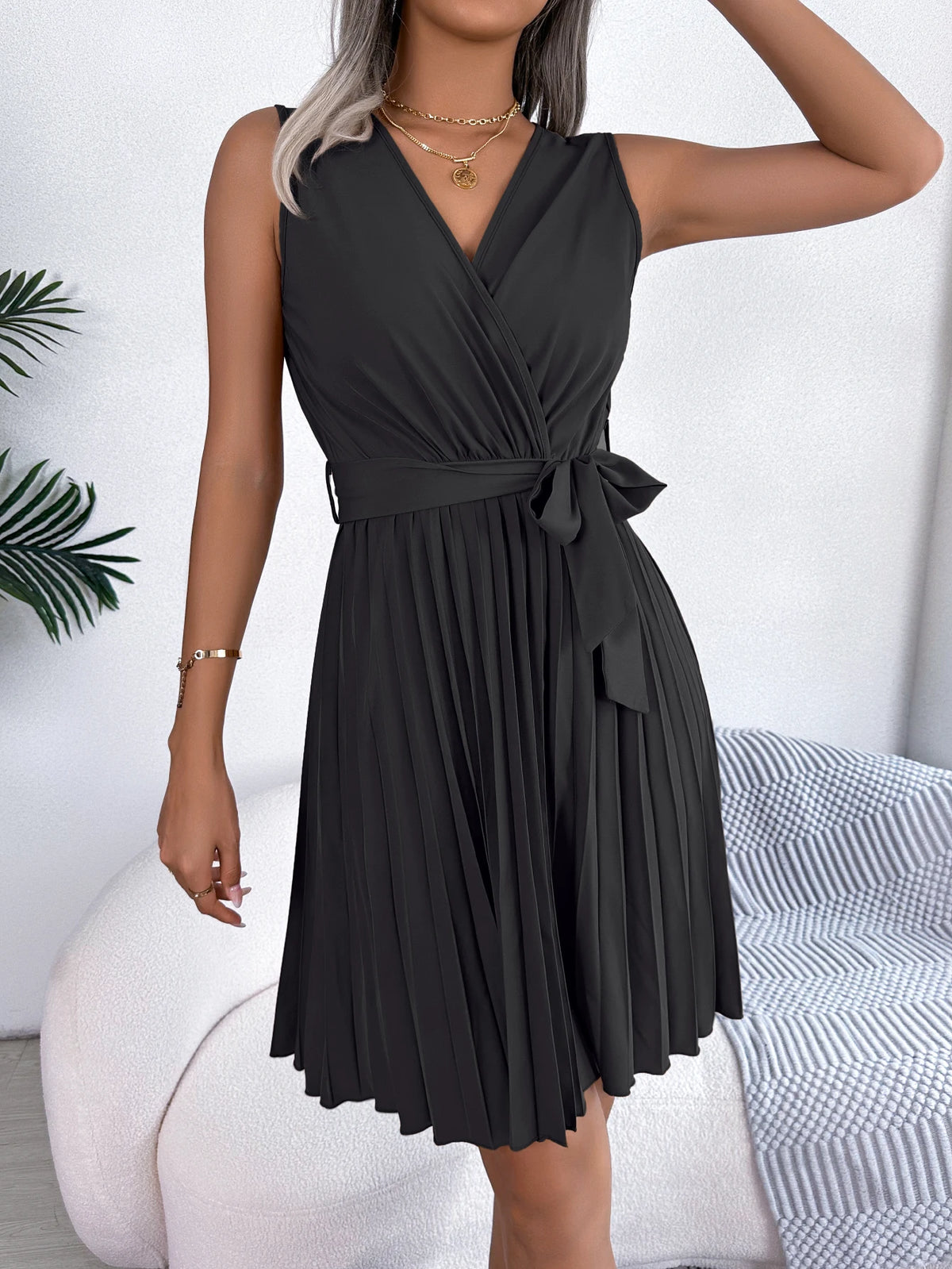 Women Summer Casual V Neck Sleeveless Pleated Knee Length Dress Black Blue Brown Elegant Lace Up Woman Dresses