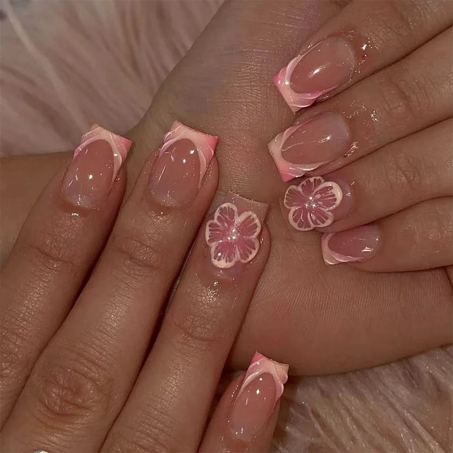 24pcs Short Square Amber Flower Fake Nail with Glue Wearable Autumn Designs Press on Nails Full Cover  Acrylic False Nails Tips