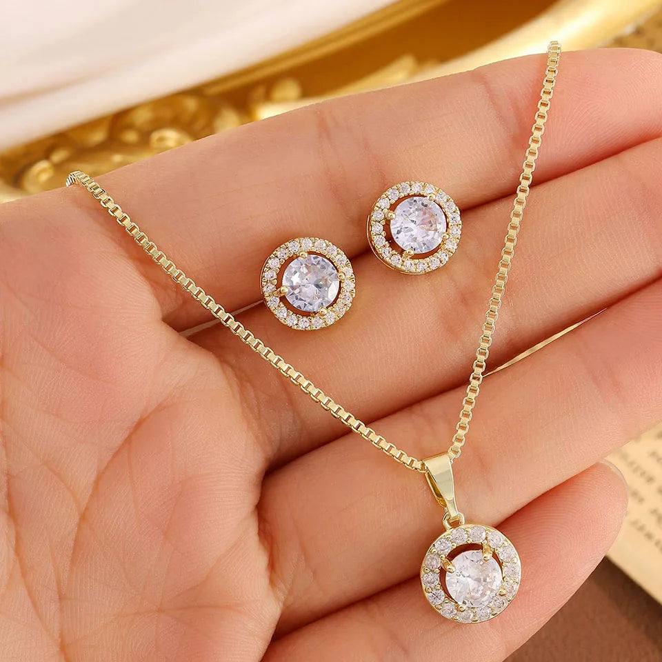 ZAKOL Creative Blue Turquoise Cubic Zirconia Round CZ Stud Earrings Necklace Set for Women Shiny Exquisite Jewelry Gifts