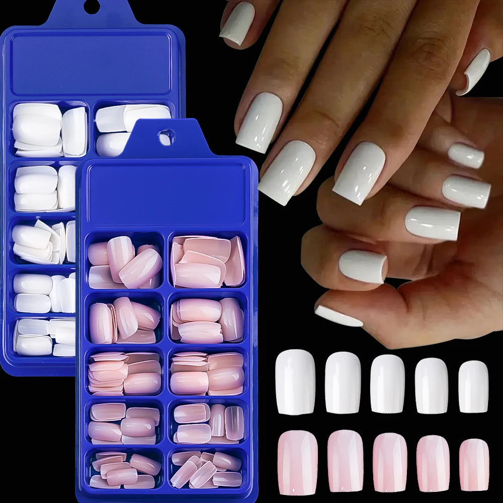 100Pcs Pink White Press on Nails Extension Short Square Fake Nail Tips Acrylic Full Cover False Nails Artifical Fingernails