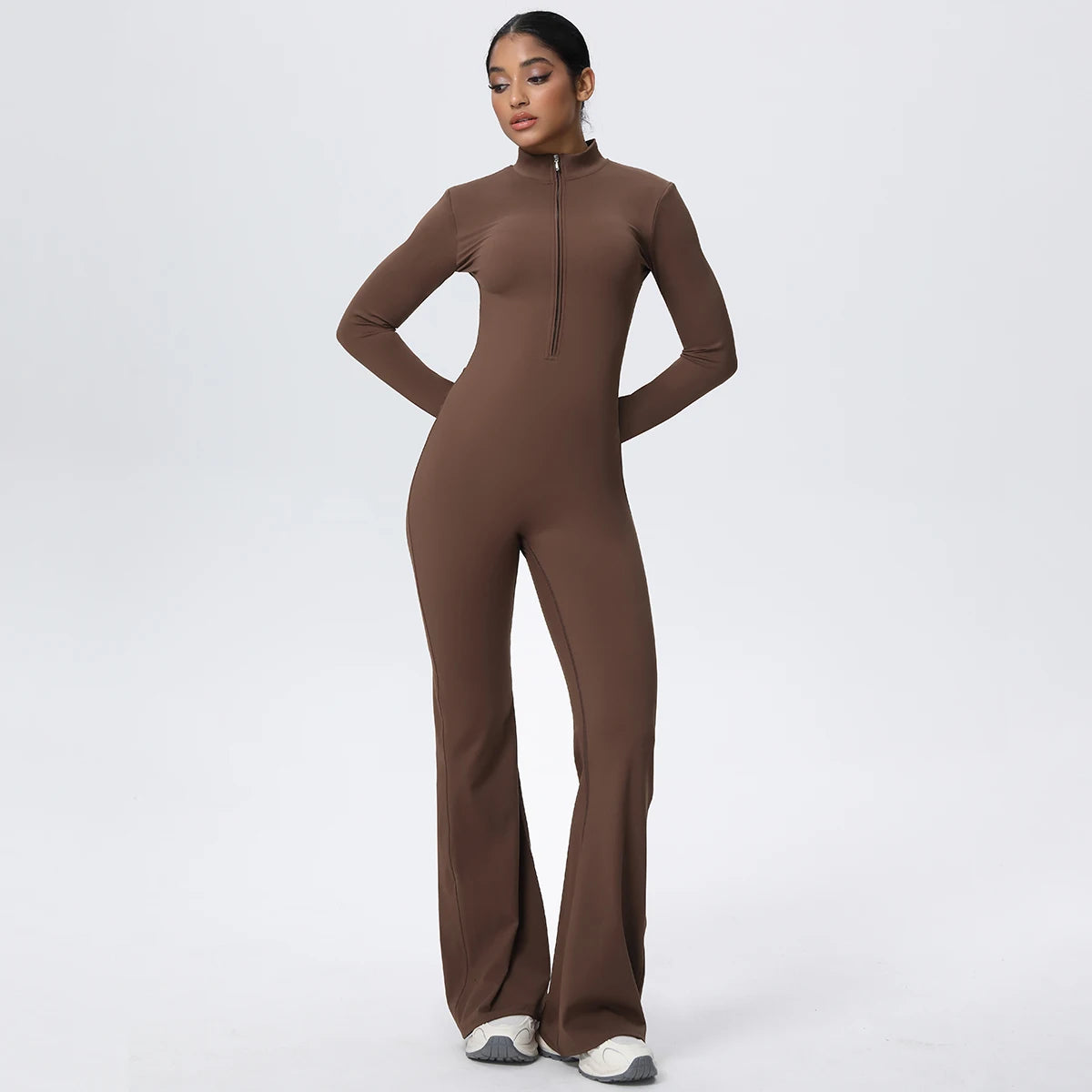 Woman's Fitness Yoga Bodysuit Solid Color Yoga Zipper Long Sleeves Trousers Gym High Strength Exercise Sports Bodysuit Leggings