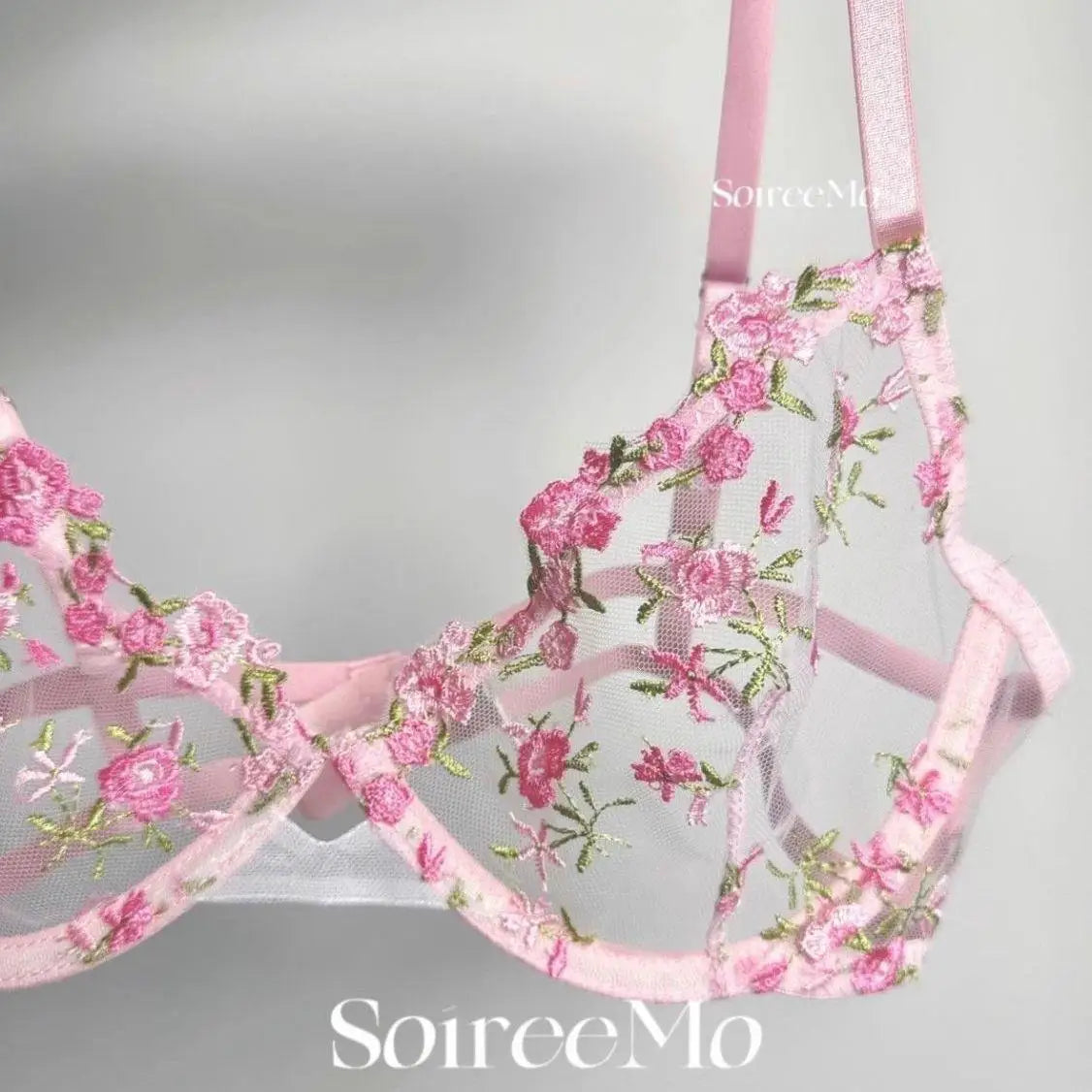 French Sheer Floral Sensual Lingerie Set Ultra Thin See Through Bralette with Soft Or Women Large Bust Support S-XL 32-38 MOYISU