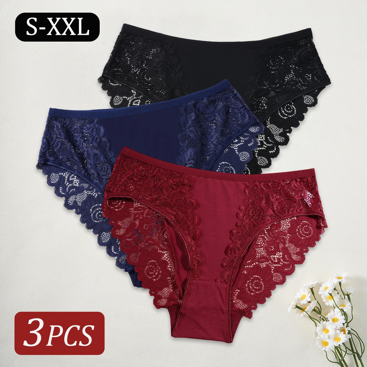 3PCS Elegant Lace Trimmed Lingerie for Women Hollow Out Lace Printed Sexy Briefs Comfort Breathable Mid-Waist Panties Ladies