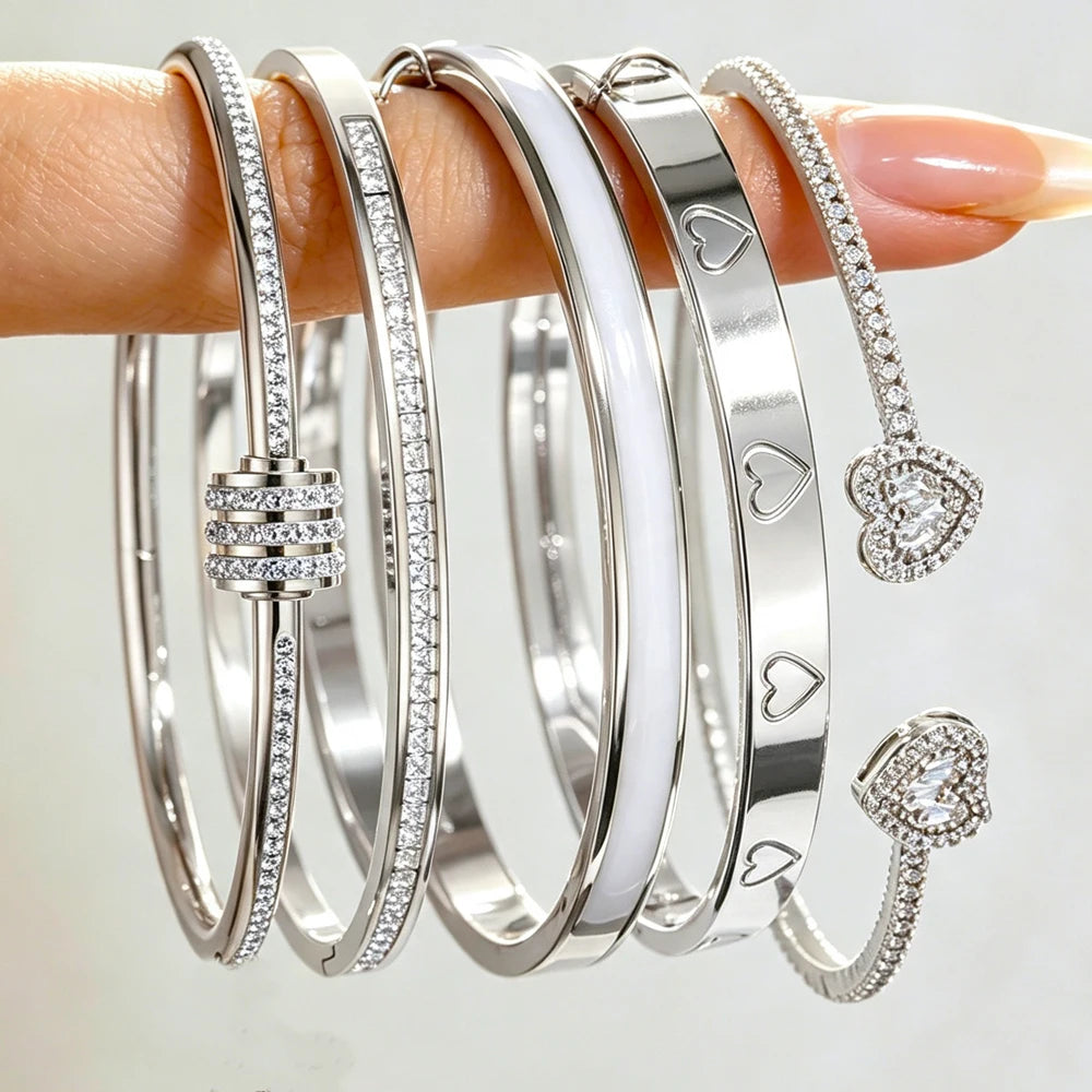 ZAKOL 5/1pcs Shiny Geometric Zirconia Inlaid Stainless Steel Copper Bracelet Set Heart CZ Stackable Bangle Jewelry Gift