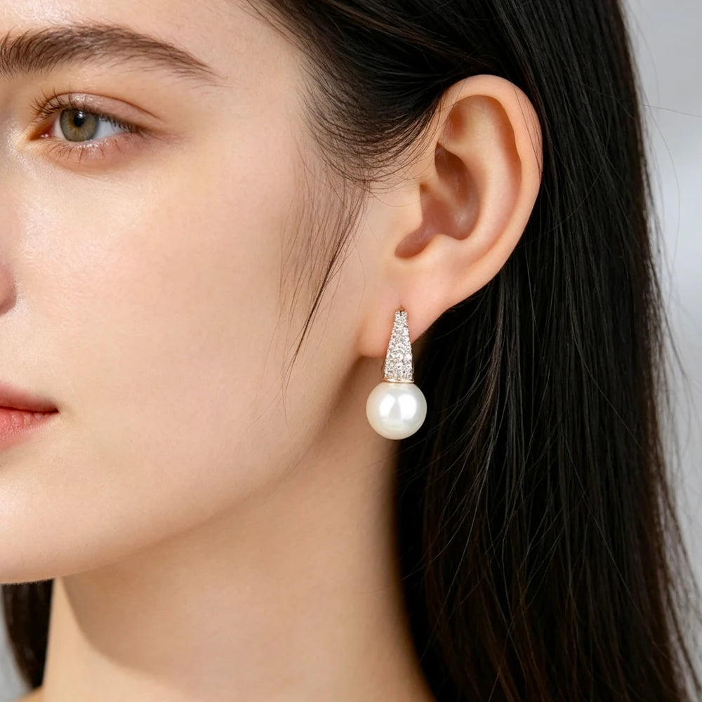 ZAKOL Sliver Color Simple Shiny Zirconia Round Imitation Pearl Earrings and Necklace Set for Women Exquisite Jewelry Gift