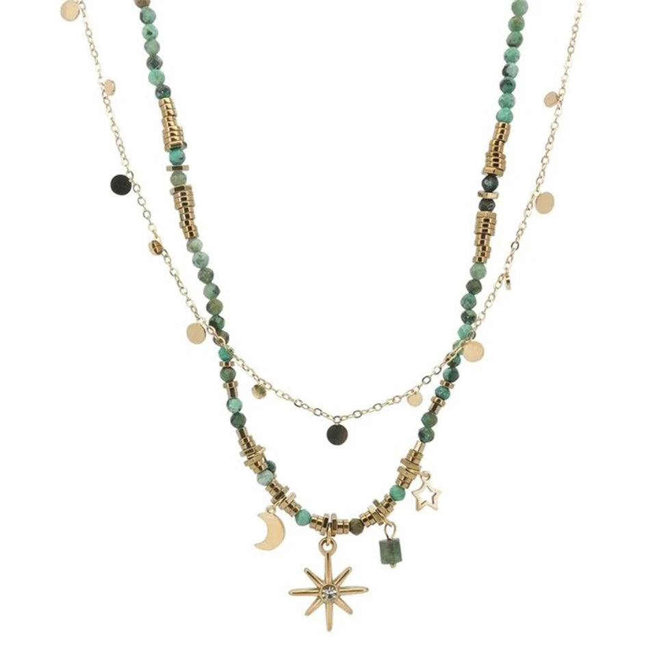 ZAKOL Vintage Bohemian Style Stone Beads Necklace for Women Charm Mang Star Pendant Stacked Clavicle Chain Fashion Jewelry Gifts