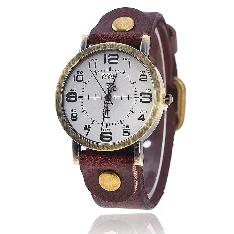 Classic vintage-style unisex watch featuring a genuine leather strap