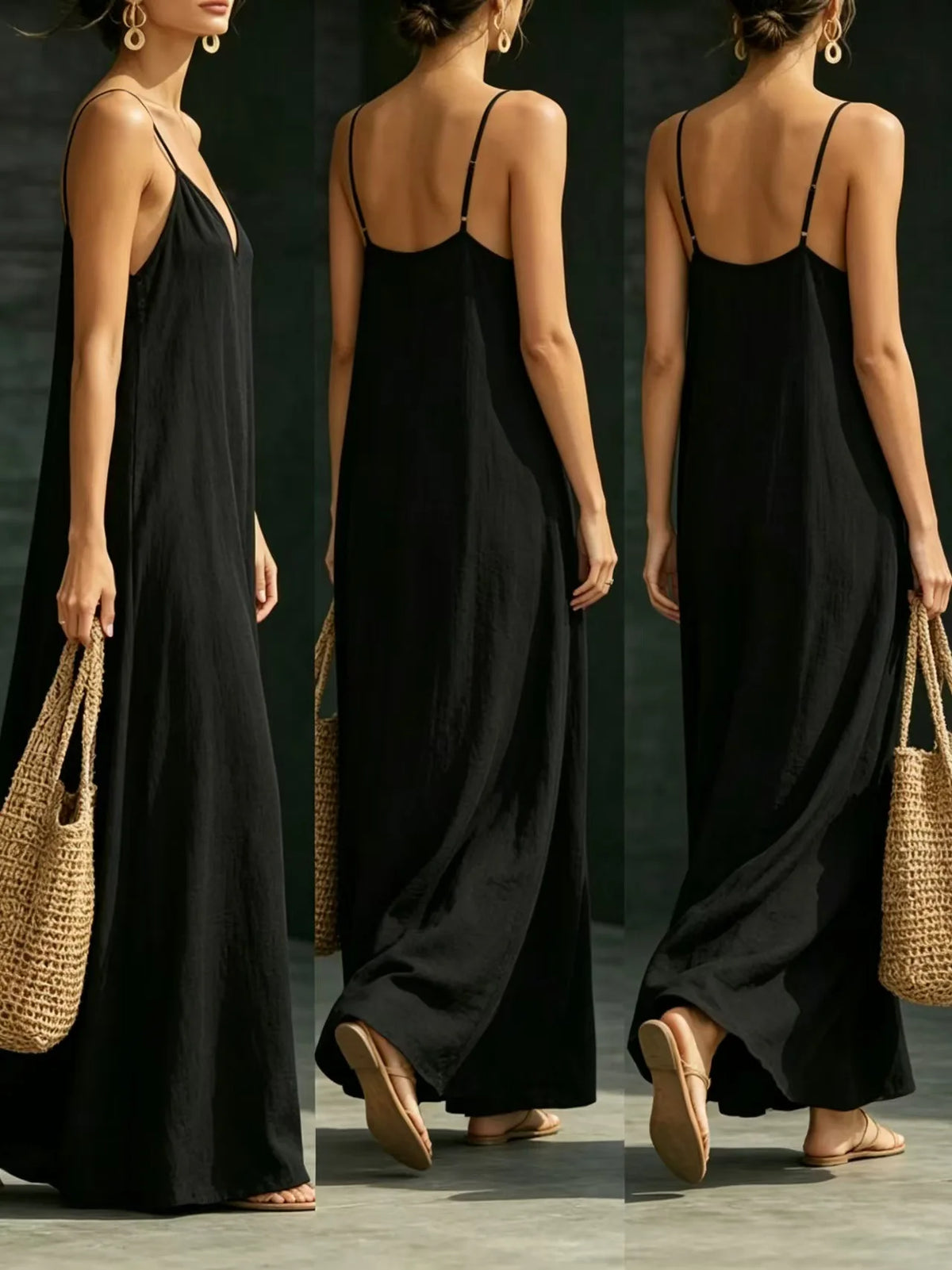 Women Linen Spaghetti Strap Maxi Dress V Neck Loose Swing Long Dress With Pockets Casual Summer Beach Vacation Sundress Ladies