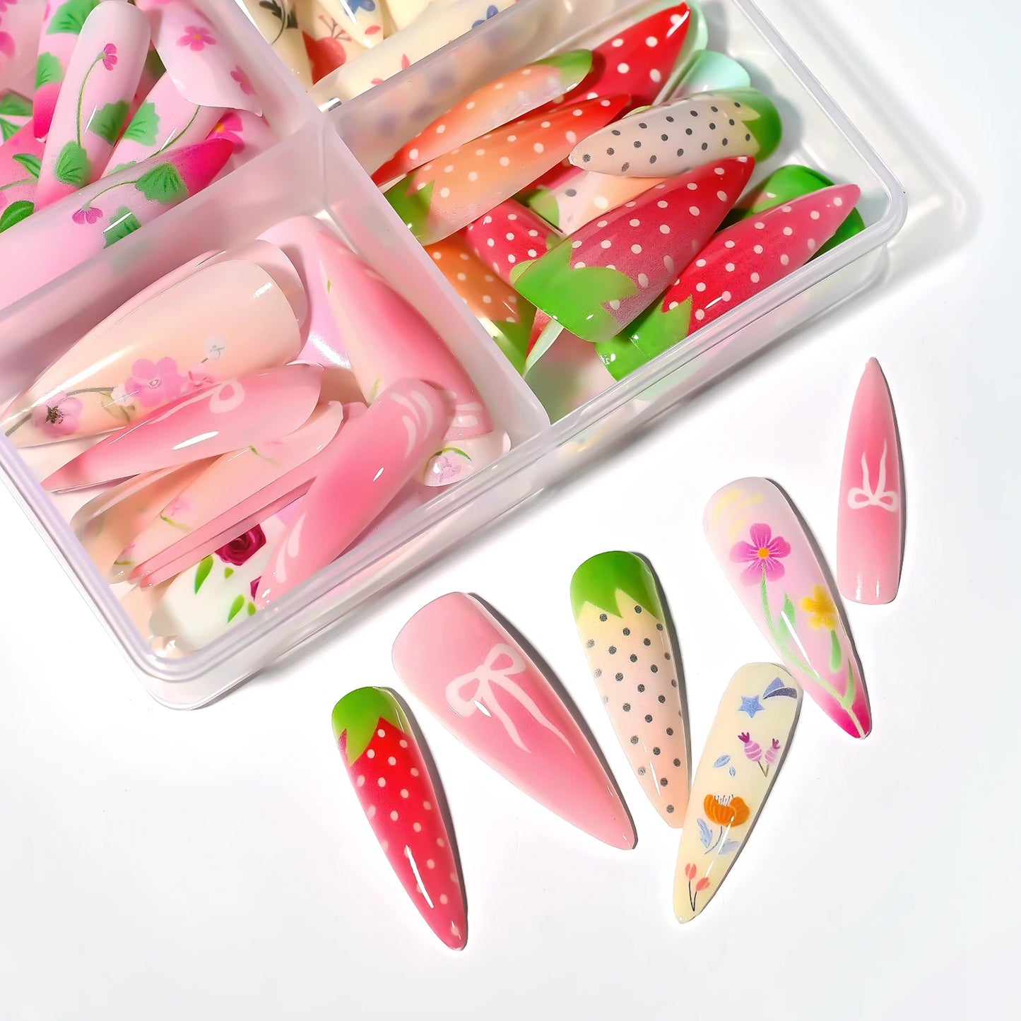 96pcs Gradient Pink Strawberry Design Long Almond False Nails Full Cover Fake Nails Tips Extension Floral Bow Press on Nails
