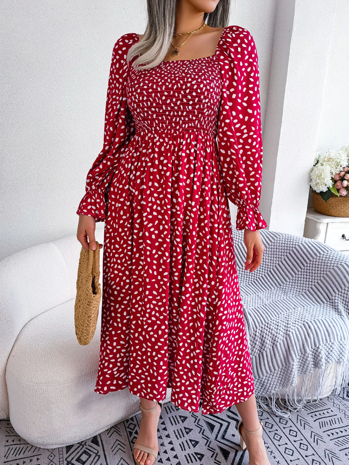 Spring Autumn Women's Elegant Polka Dot Square Neck Flare Long Sleeve Slim Waist Floral Dress Yellow Pink Red Woman Clothing