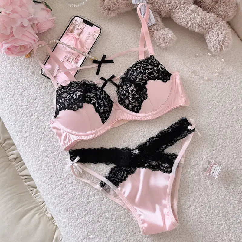 MOYISU Sweet Trap French Bow Bra Set - Wireless Push-Up for Petite Chest, Pure Seduction Lace Bralette with Elegant Ribbon Charm