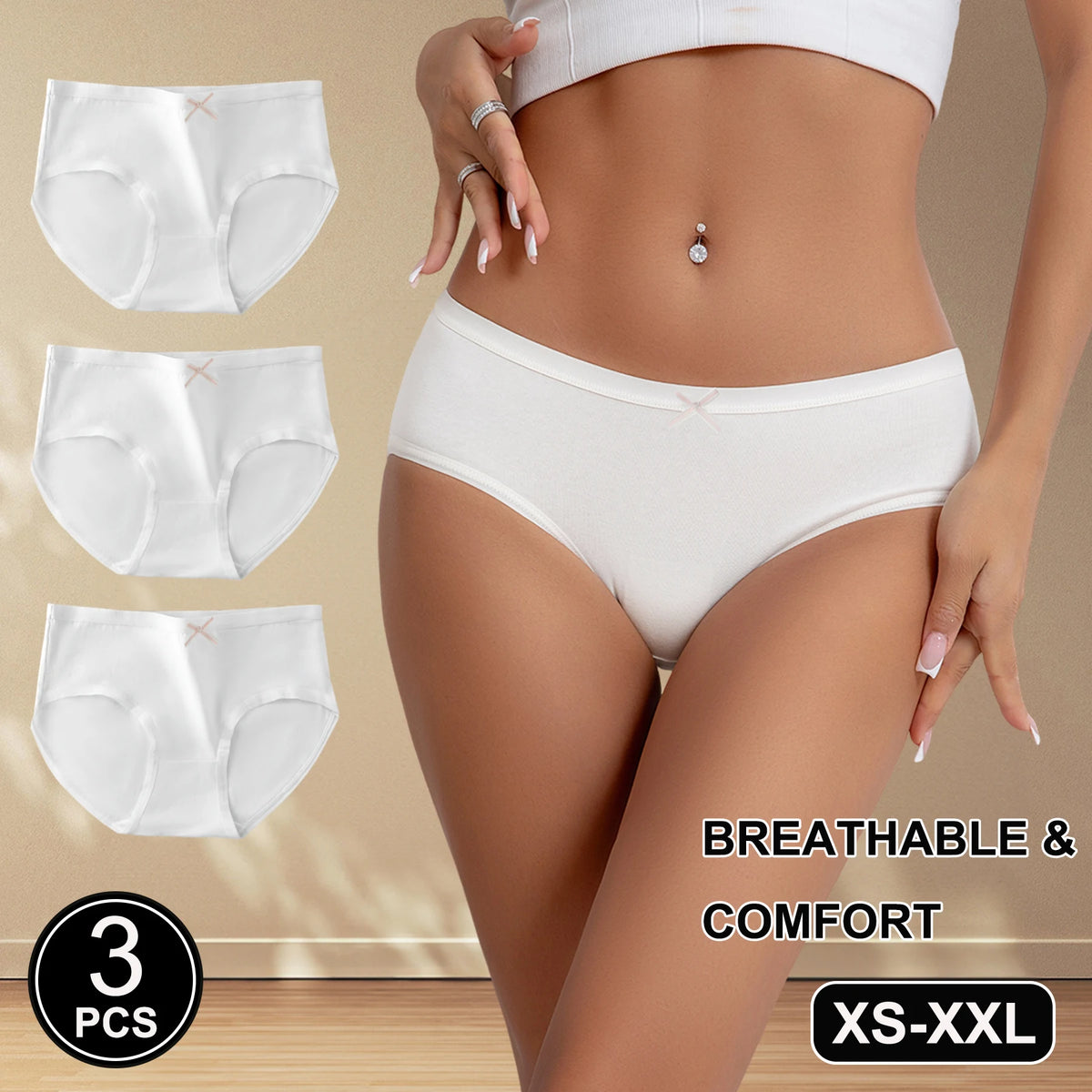 3PCS White Simple Comfortable Cotton Underwear for Women Girls Cute Low-Waist Panties Breathable Skin-Friendly Briefs Lingerie