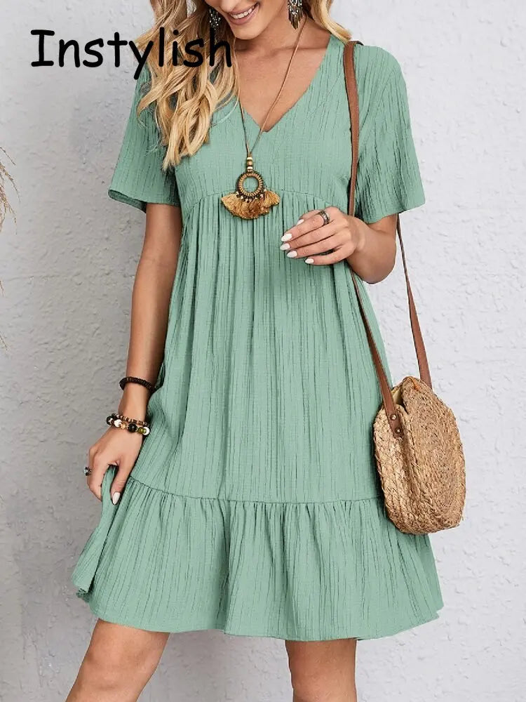 Women Elegant V Neck Ruffles Mini Dress Summer Vintage Solid Loose Sundress Bohemian Casual Solid Beach Party Vestidos