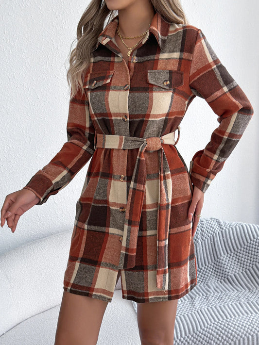 Autumn Winter Color Block Plaid Single Breasted Women Mini Dress 2026 Fashion Lapel Fake Pocket Corduroy Jacket Dress with Belt