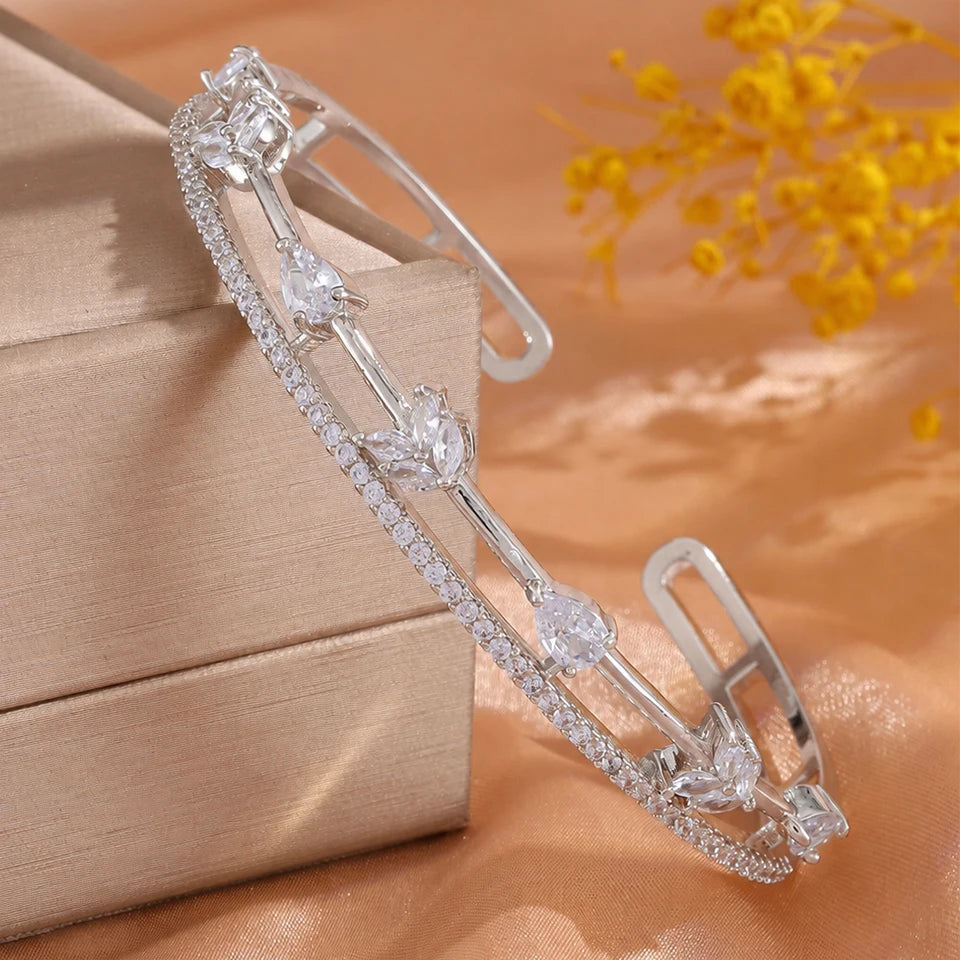ZAKOL Women Fashion CZ Flower Leaf Open Cuff Bracelet Ring Set Cubic Zirconia Adjustable Bangle Ring Wedding Party Jewelry Set