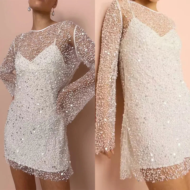 BKLD Christmas Women Sexy Sling Dress And Beading Long Sleeve Cover-Ups 2 Pieces Mini Dress Nightclub Party Wedding Outfits
