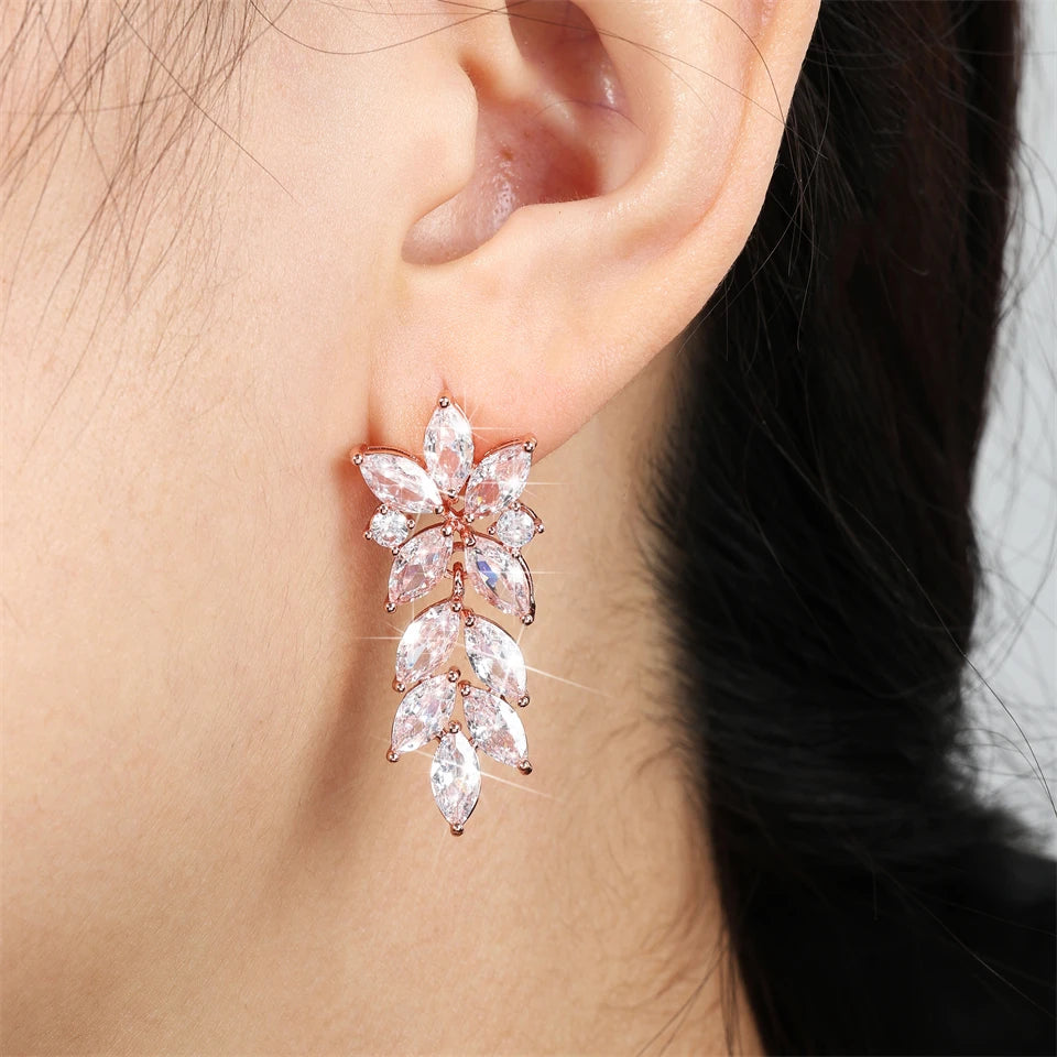 ZAKOL Luxury Leaf Marquise Zircon Bridal Earrings for Women White Shiny Crystal Elegant Wedding Party Jewelry