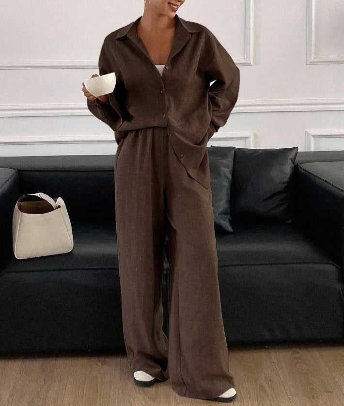 2026 New Women Linen Two Piece Outfit Set Lapel Long Sleeve Button Shirts Elastic Waist Wide Leg Pants Casual Loose Home Suit