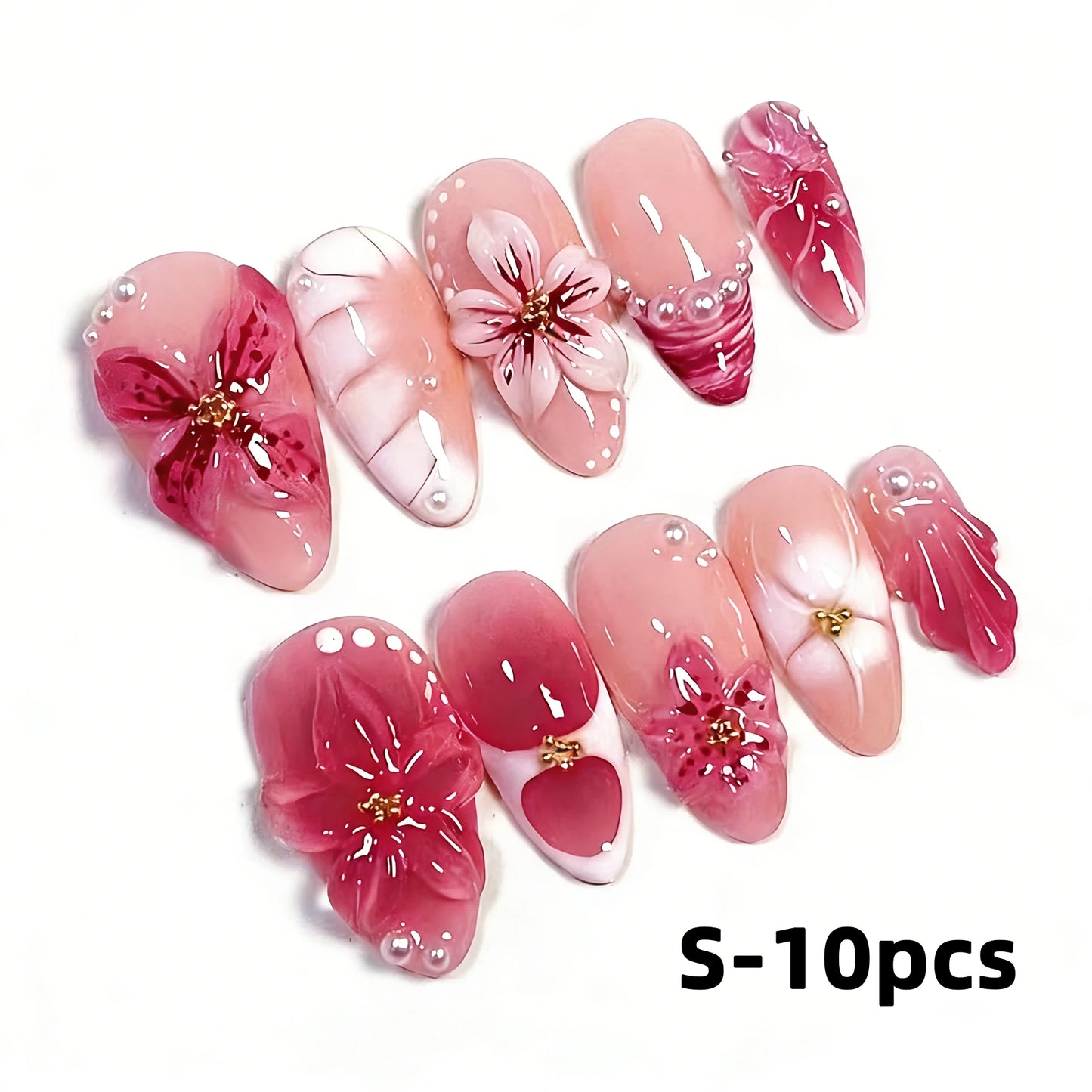 30pcs Epoxy Seashell Orchid Water Droplets False Nails Blue And White Porcelain Press On Nails Long Almond Starfish Fake Nails