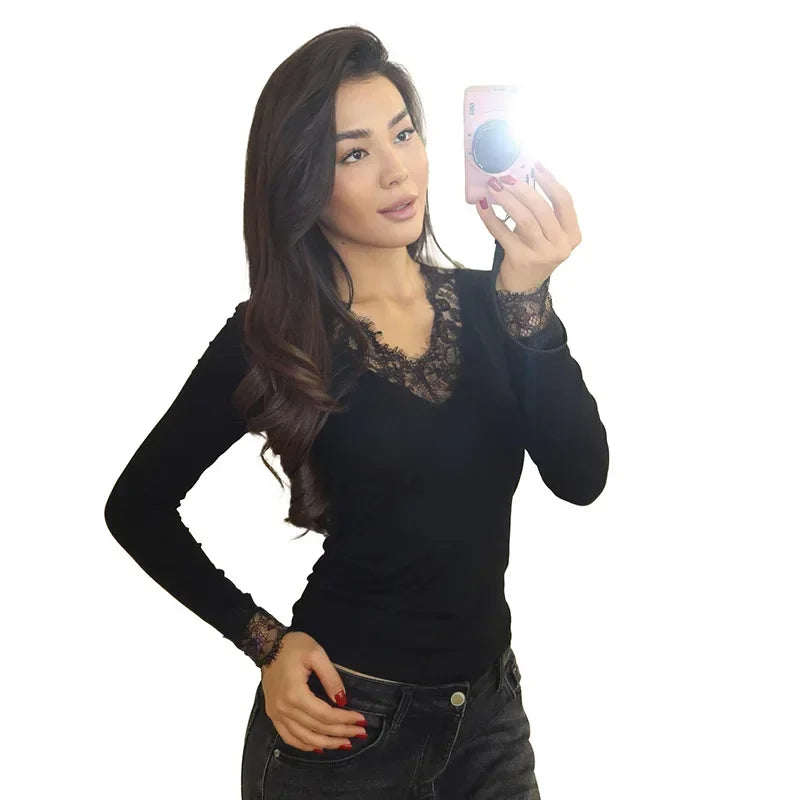 Women Lace Patchwork V Neck Long Sleeve T Shirt Ribbed Slim Fit Basic Undershirt Elegant Lace Trim Cuff Stretch Base Layer Tops