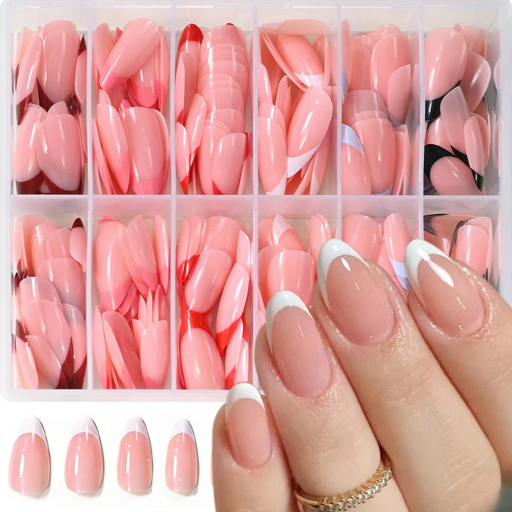 288Pcs Red Pink Medium Almond French False Nails Black White Oval Full Cover Fake Nails Tips Extension Wearable Press on Nails