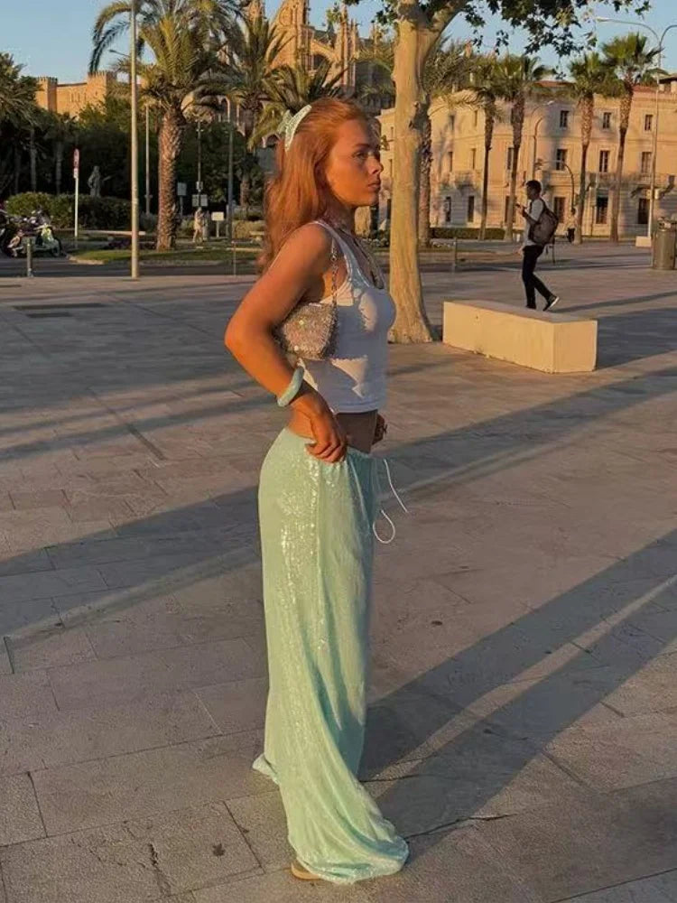 Summer Vacation Y2k Women's Sequined Pants Lady Chic High-Waist Lace Up Loose Fit Straight Mop Trouser Female Casual Streetwear