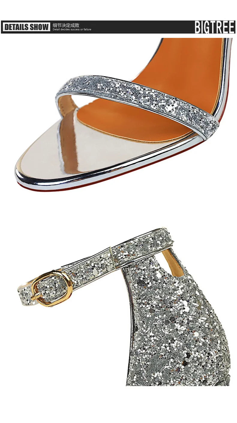2024 New Women Classic High Heels Hollow Sandals Sparkling Sequins Stiletto Female Summer Pumps Gentle One Word Belt  829-3
