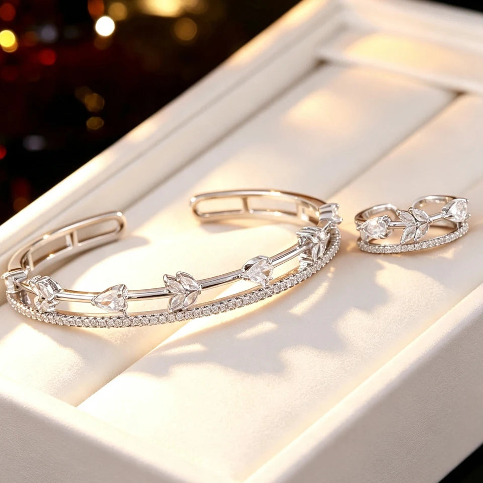 ZAKOL Women Fashion CZ Flower Leaf Open Cuff Bracelet Ring Set Cubic Zirconia Adjustable Bangle Ring Wedding Party Jewelry Set