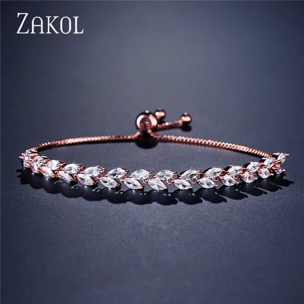 ZAKOL Trendy Cubic Zirconia Leaf Bridal Bracelets Bangle for Women White Color Crystal Adjustable Bracelet Wedding Jewelry