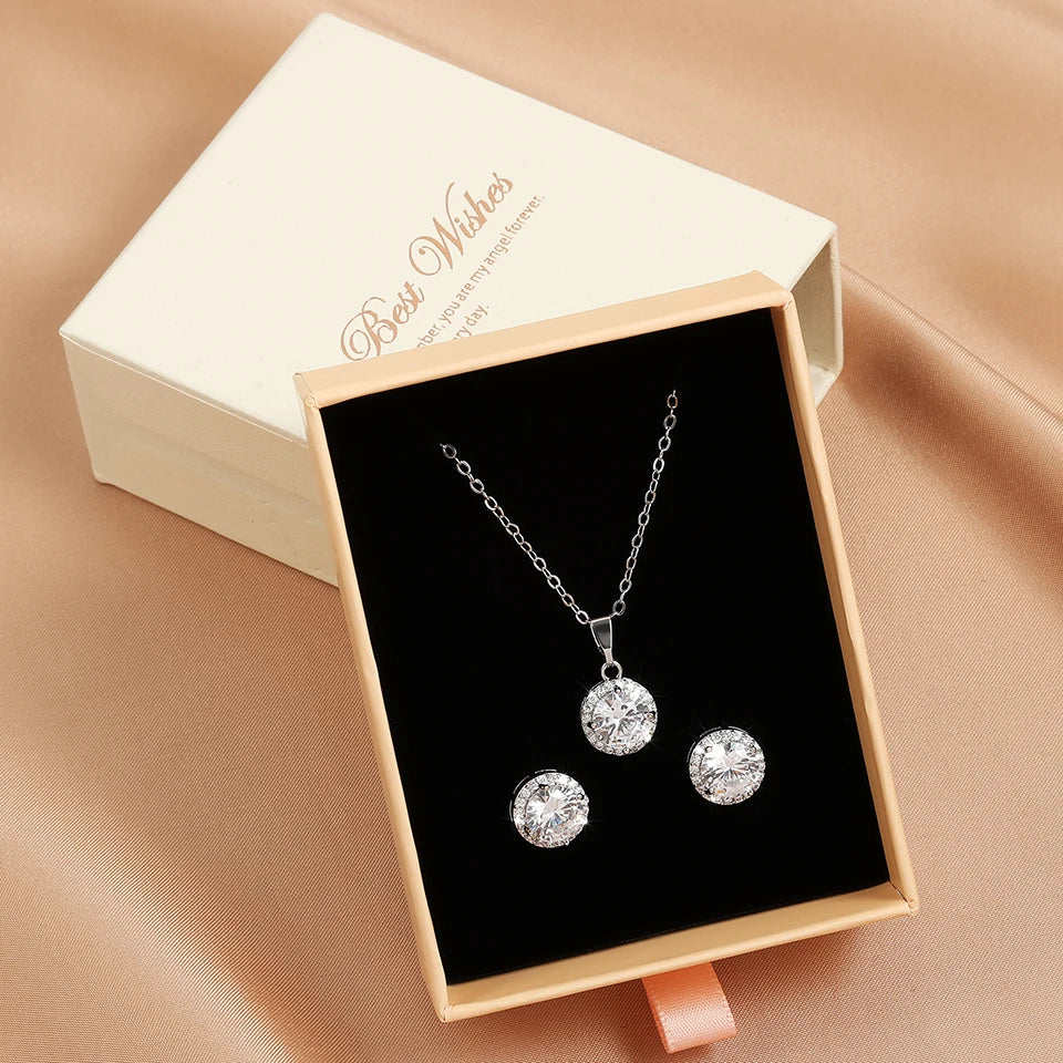 ZAKOL Exquisite Shiny Zircon Water Drop Round Earring Necklaces for Women Romantic Wedding Engagement Jewelry Set With Gift Box