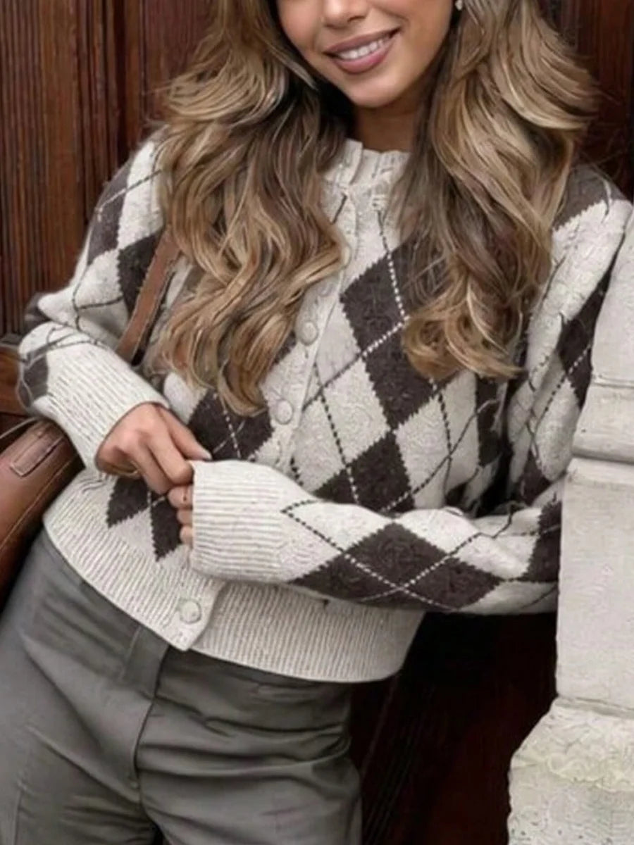 Vintage O-Neck Argyle Knitted Sweater Women Casual Single Breasted Long Sleeve Slim Cardigan Female Autumn Winter Streetwear