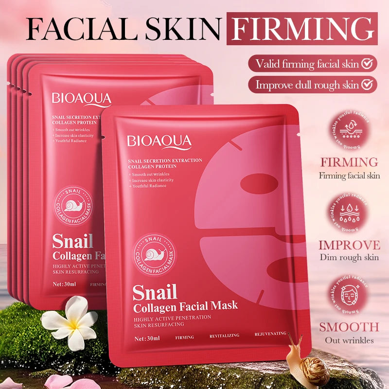 5pcs BIOAQUA Snal Collagen Facial Masks Moisturizing Anti-Wrinkle Whitening Anti-Aging Face Mask Collagen Masks Skin Care