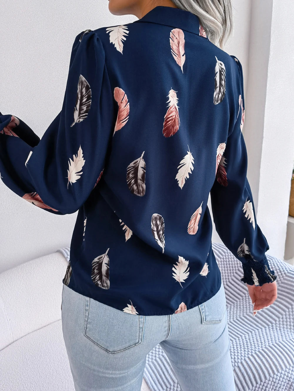 Women's Casual Feather Print Long Sleeve Office Lady Shirts for Autumn Turn Down Collar Buttons Woman Clothing White Pink Blue