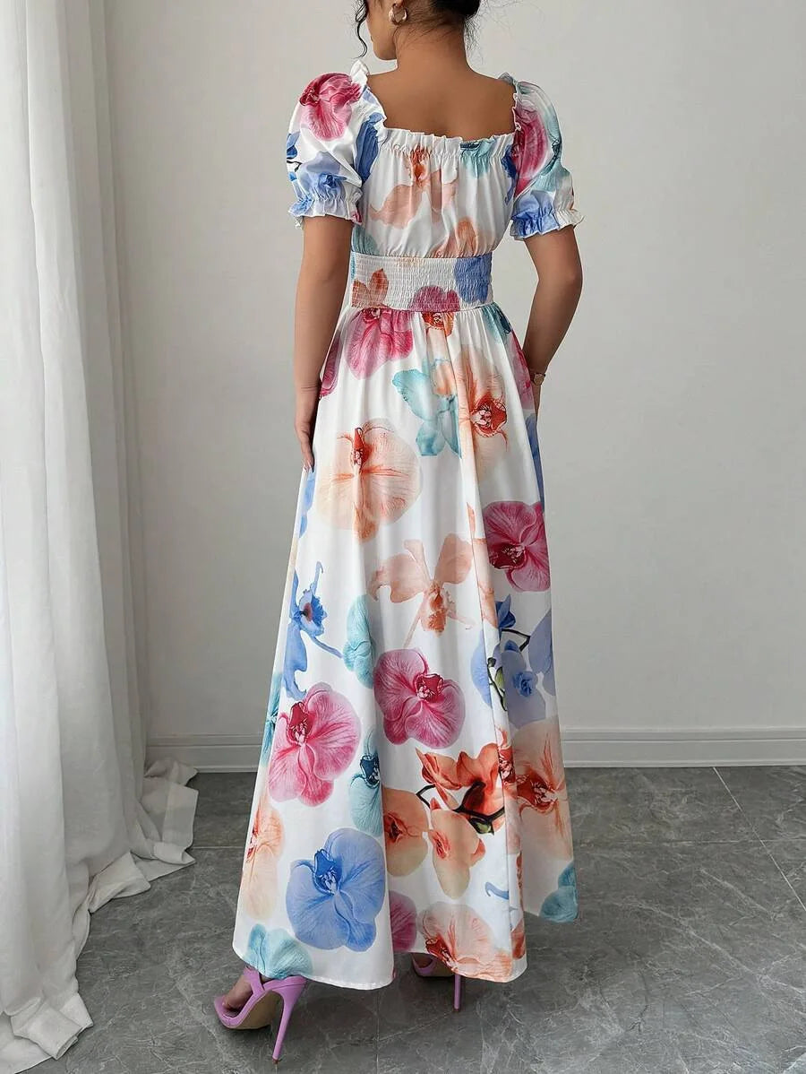 BKLD Women Clothing Summer Floral Print Dress Short Sleeve Square Collar Beach Holiday Outfits Waist Ruched Long Dresses Party